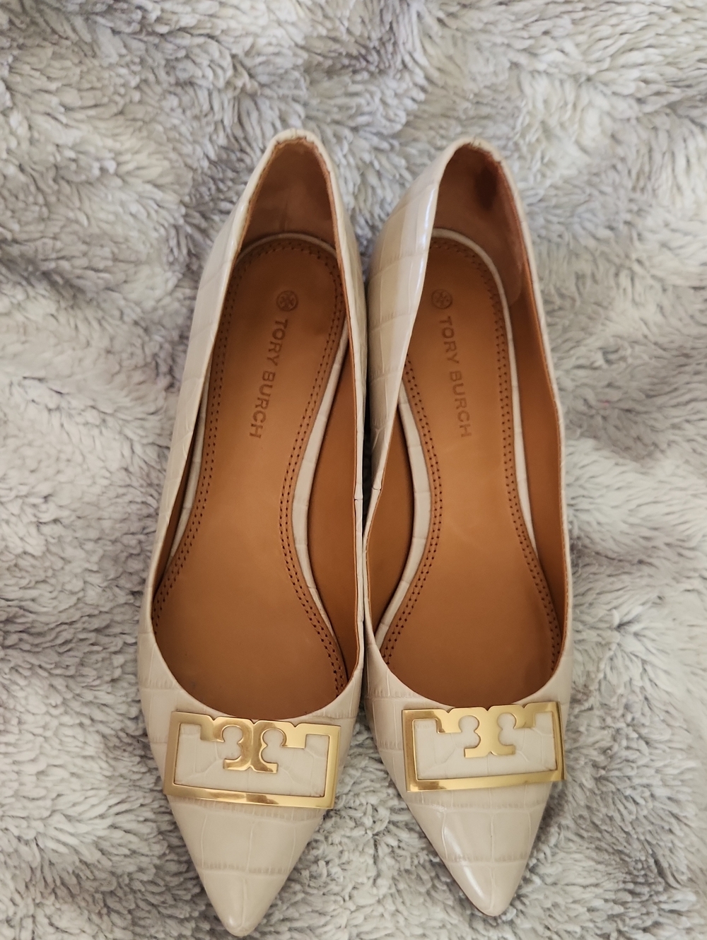 Tory Burch Cream Pointed-Toe Flats with Gold Logo Accent